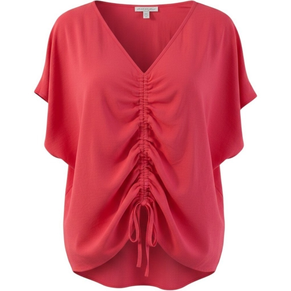 Womens Casual Blouse, Coral Pink Ruched V-Neck Top XL Batwing Sleeve
